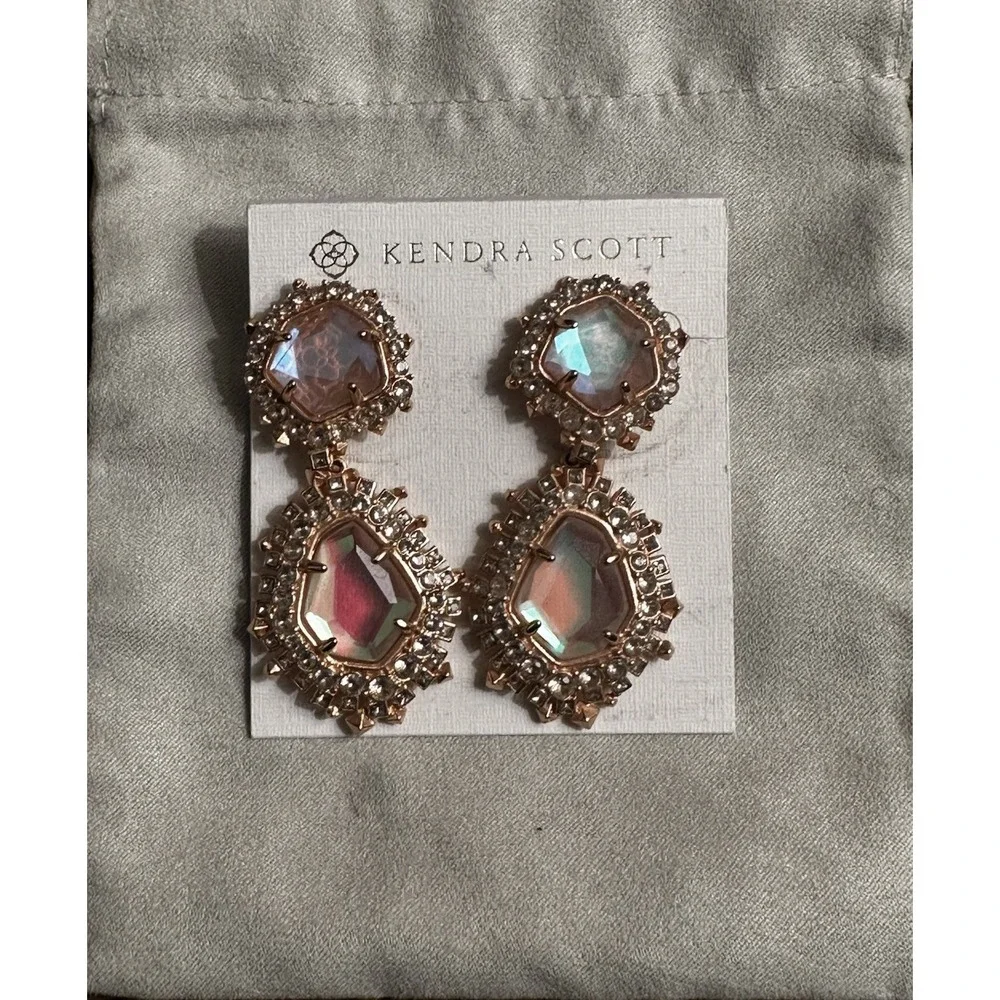 Kendra Scott Althea Earrings In‎ Rose Gold Dichroic Glass Dangle Statement Rare